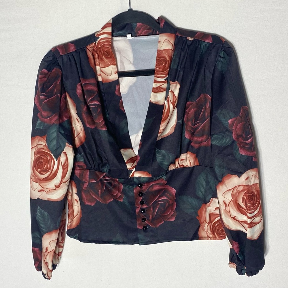 5/$35 Black Burgundy Floral Long Bubble Sleeve Deep V Neck Button Up Blouse XL